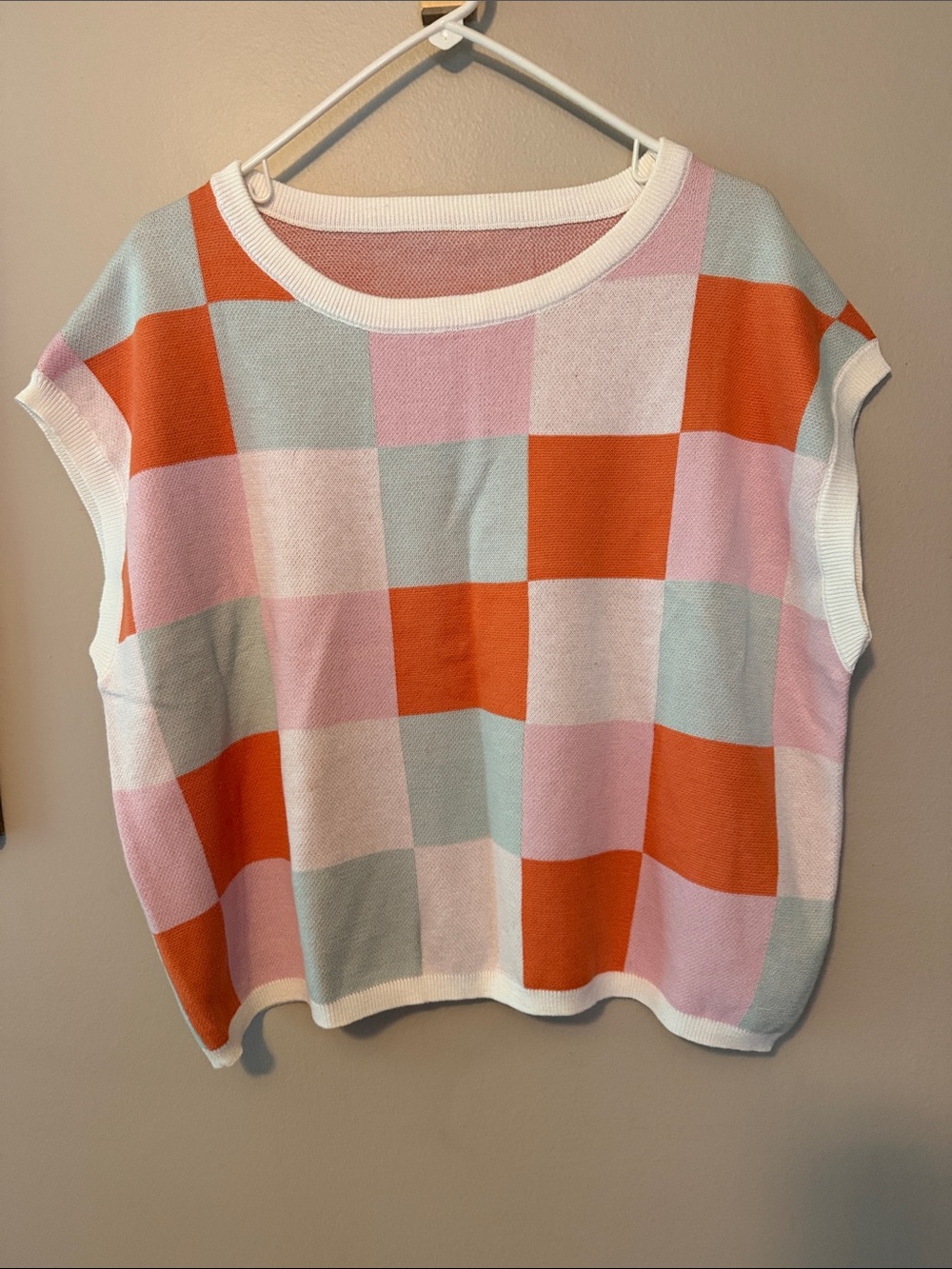 Colorblock Checker Knit Top — Pink, Orange, Light Blue, White